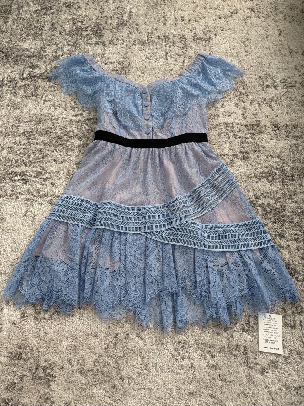 Self-Portrait Girls' Powder Blue Lace Fit-and-Flare Dress with Black Waist Band